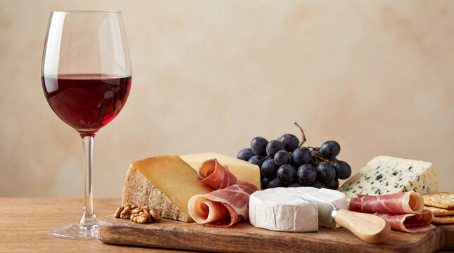 A glass of red wine beside an elegant cheese and charcuterie board.