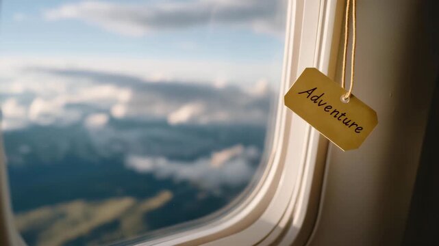 Airplane window view showing tag or sticker with the word &ldquo;Adventure&rdquo; as clouds pass below &mdash; concept of wanderlust, exploration, and freedom through travel photography. cinematic color correction,