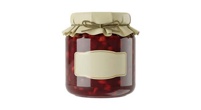 Glass jar filled with delicious cherry jam and blank label for text on transparent background