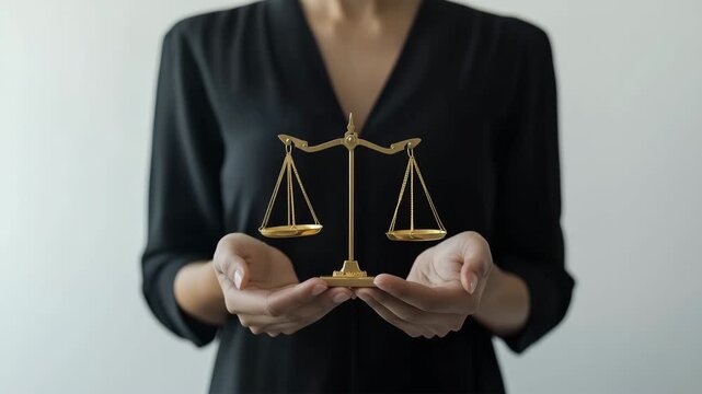 白背景で天秤を手に持つ女性の象徴的な構図