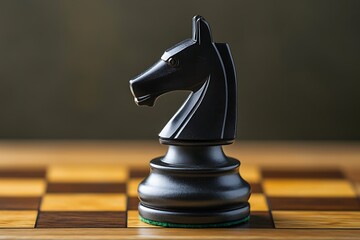 Black knight chess piece positioned strategically on a wooden board, reflecting strategic game concepts.