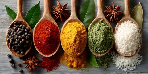 Indian kitchen spices and herbs on wooden spoons