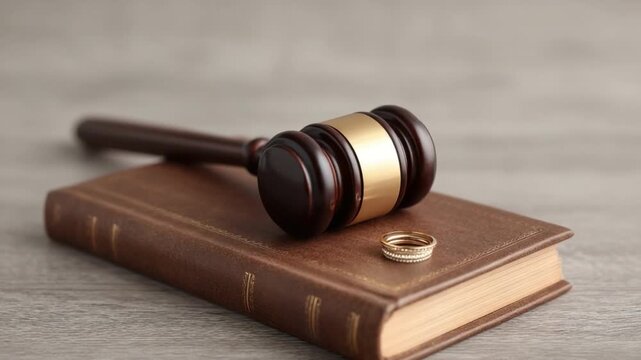 Elegant wooden gavel resting on a law book with a golden wedding ring symbolizing justice and marriage issues in family law 4k video footage
