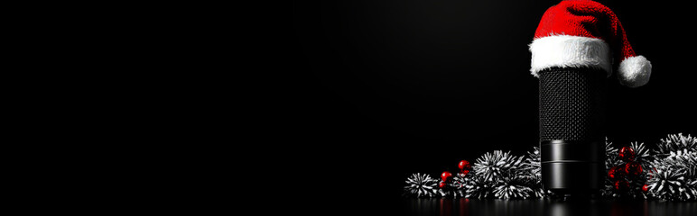  microphone with a santa hat on a black background, 