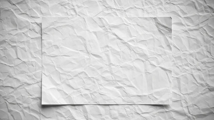 Blank white rectangular piece of crumpled paper placed centrally on a textured background of heavily wrinkled and crushed paper, creating a copy space for message or design element