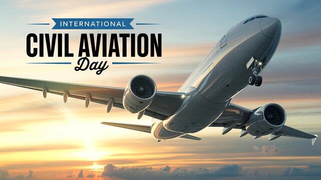 Civil Aviation Day, Commercial airplane soaring above clouds during warm golden sunset sky view.