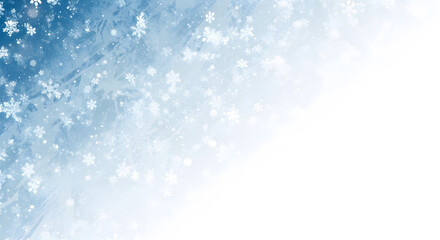 Fototapeta premium Abstract frosty blue background with falling snowflakes and gradient fade to pure white in bottom right corner