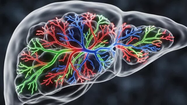 3D Animation of Human Liver Anatomy Showing Detailed Blood Vessels