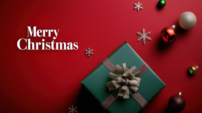 Christmas gift box with text Merry Christmas on red background with snowflakes and decorations around it, top view in green color with space for text.
