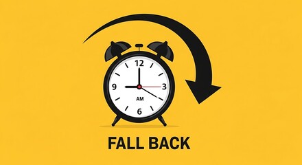 Alarm clock illustration with a downward curved arrow and fall back text symbolizing the end of daylight saving time