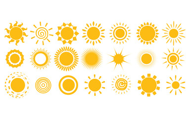 Set of different yellow sun icons collection on white background vector