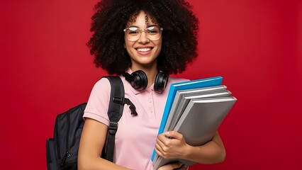 Happy young woman with afro hairstyle holding books ready for school studies