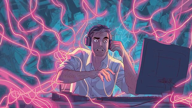 Animated cartoon-style illustration of an intense programmer wearing headphones, typing code surrounded by swirling neon digital threads in purple and blue tones.
