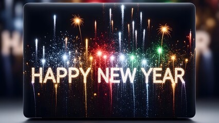 Luminous Happy New Year text surrounded by a spectacular burst of colorful fireworks for a festive celebration