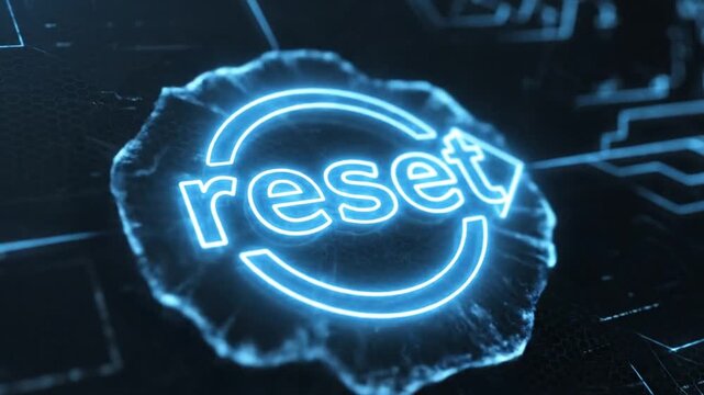 Futuristic digital interface with glowing blue circuitry and a rotating reload symbol in a tech environment