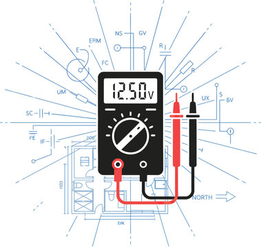 Digital Multimeter Flat Design Icon on Blueprint