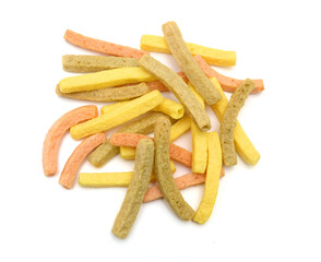 Healthy tortilla chips in green and red vegetable flavors and colors. 