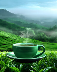 Steaming Cup of Green Tea in Lush Tea Garden