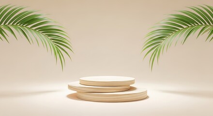 Fototapeta premium Natural stone podium display stage framed by tropical palm leaves on a soft beige background for product showcase
