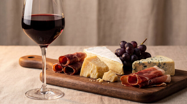 A glass of red wine beside an elegant cheese and charcuterie board.