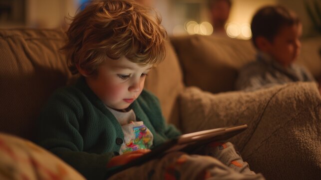 A young boy is sitting on the couch, intently watching a tablet that displays bright visuals. Another boy nearby also gazes at the screen, intrigued by the glowing images. - Powered by Adobe