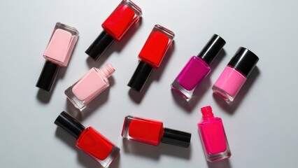 Obraz premium A vibrant collection of nail polish bottles isolated on white background, showcasing an array of pink and red shades, perfect for beauty and fashion enthusiasts