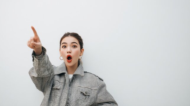 A young woman in a patterned jacket stands against a white backdrop, excitement evident as she points her finger upward. Her enthusiastic gesture emphasizes her captivating express