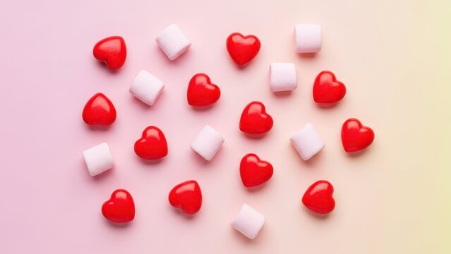 A delightful array of heartshaped candies and fluffy marshmallows scattered on a gradient pink and yellow surface, creating a sweet and romantic composition
