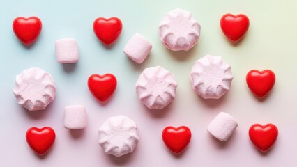 Fototapeta premium A delightful arrangement of heartshaped candies and fluffy marshmallows creates a sweet and romantic valentines day aesthetic, perfect for cards and gifts