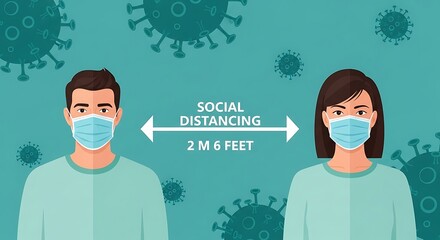 Social distancing illustration showing a man and a woman wearing face masks maintaining 6 feet apart during the pandemic