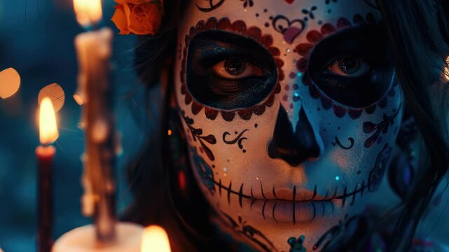 Day of the Dead Celebrant with Decorated Skulls and Candles