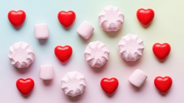 A delightful arrangement of heartshaped candies and fluffy marshmallows creates a sweet and romantic valentines day aesthetic, perfect for cards and gifts - Powered by Adobe