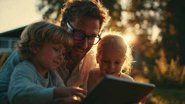 A father sits outdoors with his two children, focusing intently on a tablet together as the sun sets in the background. The father and his children share an enjoyable moment with t