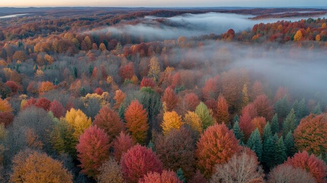 Aerial view of dense forest canopy displaying vibrant autumn foliage with lowhanging fog or mist rolling over the hills at sunrise or sunset