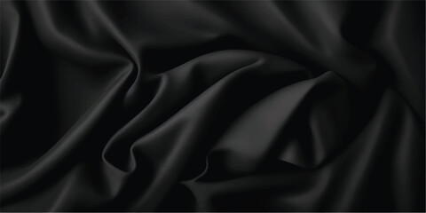 Elegant black silk satin fabric with a smooth, soft, shiny texture, perfect for luxury fashion, rippled clothing, or an upscale backdrop