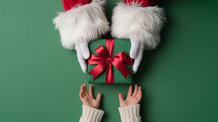Overhead view of santa claus hands in white fur gloves giving a green wrapped christmas gift with a big red bow to a childs waiting hands against a solid green background