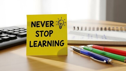 Inspirational yellow sticky note never stop learning lightbulb on wooden desk with pens keyboard and notebook