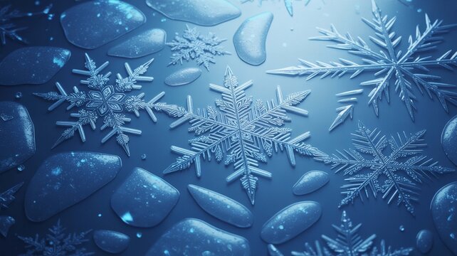 Closeup macro view of intricate, detailed ice crystals and snowflakes scattered across a cool blue, frosty surface with water droplets - Powered by Adobe