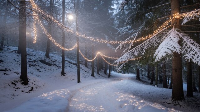 Magical winter forest path illuminated by warm string lights draped between snowcovered pine trees on a foggy evening - Powered by Adobe