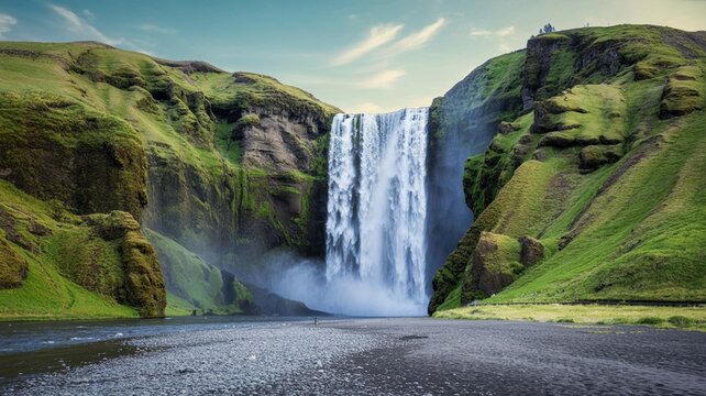 Majestic skogafoss waterfall cascading down a steep cliff surrounded by vibrant green mossy hills under a bright sky in iceland