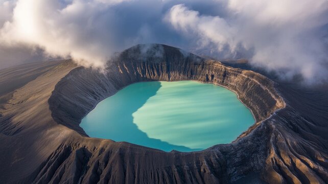 Aerial view of a dramatic volcanic crater lake with vibrant turquoise water surrounded by dark, rugged slopes under a cloudy sky - Powered by Adobe