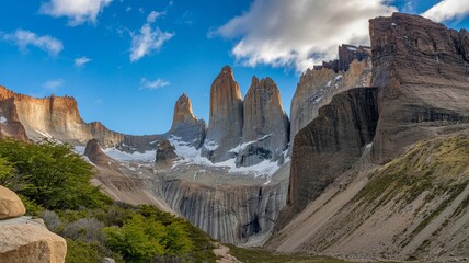 The iconic granite spires of torres del paine national park rise dramatically against a bright blue sky with scattered white clouds in patagonia, chile