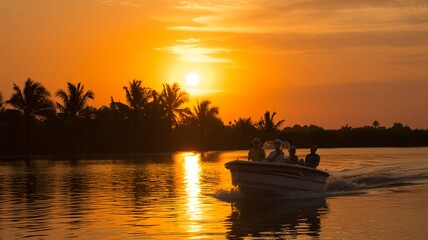 Silhouette of a small motorboat with people cruising on a calm river or lake during a vibrant, fiery orange sunset with palm trees lining the shore