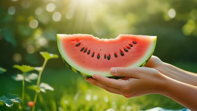 Refreshing Watermelon Slice in Summer Sunlight - A Healthy Treat.