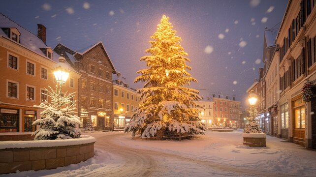 Illuminated christmas tree stands tall in a snowy town square at dusk with gentle snowfall covering the historic buildings and street lamps