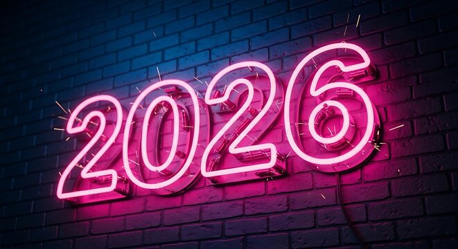 A vibrant neon sign displaying the year 2026 glows brightly against a dark brick wall.