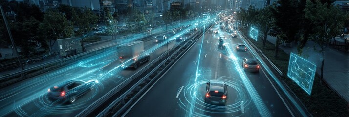 Illuminated in futuristic way motorway with cars at night