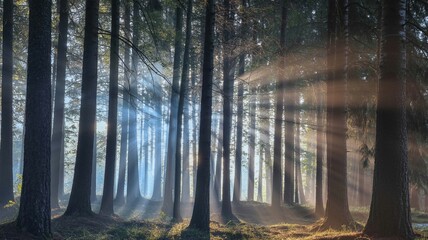 Fototapeta premium Sunlight rays streaming through tall, dense forest trees creating a mystical atmosphere with visible light beams in the early morning