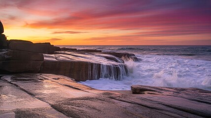 Dramatic sunset over rugged coastal rock formation with ocean waves crashing and creating a small waterfall effect at dusk