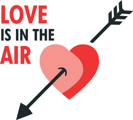 Love is in the air message with cupid's arrow and heart graphic